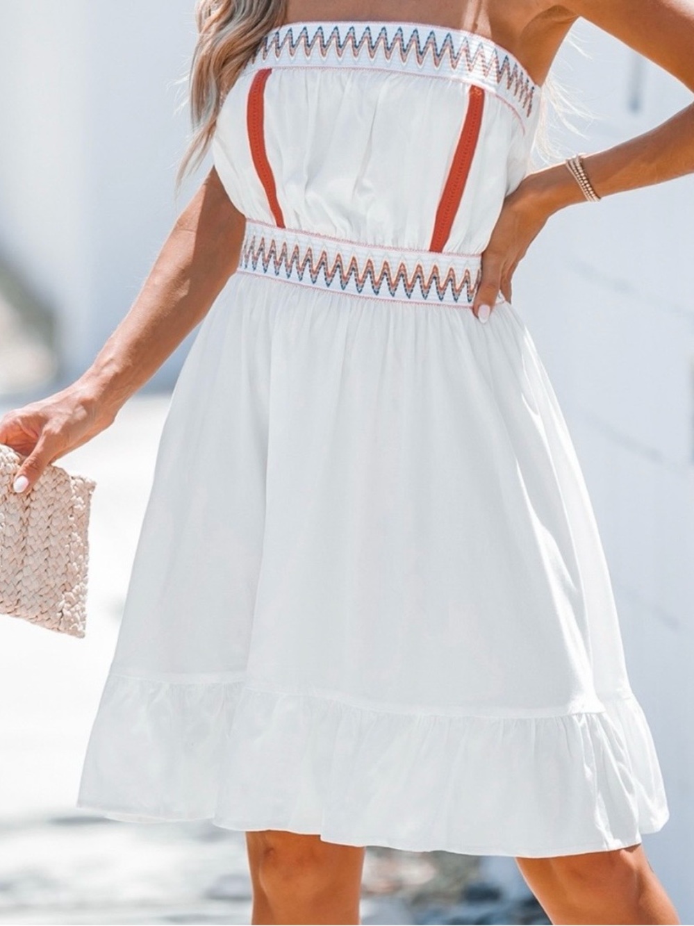 Cupshe Strapless White Sundress with Embroidered Details